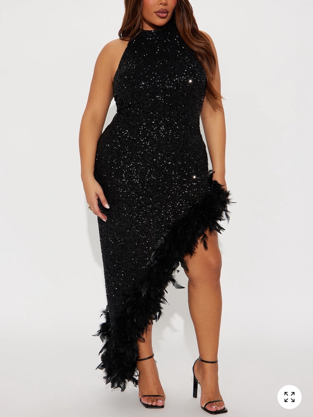 Black Sequin Asymmetric Feather Gown